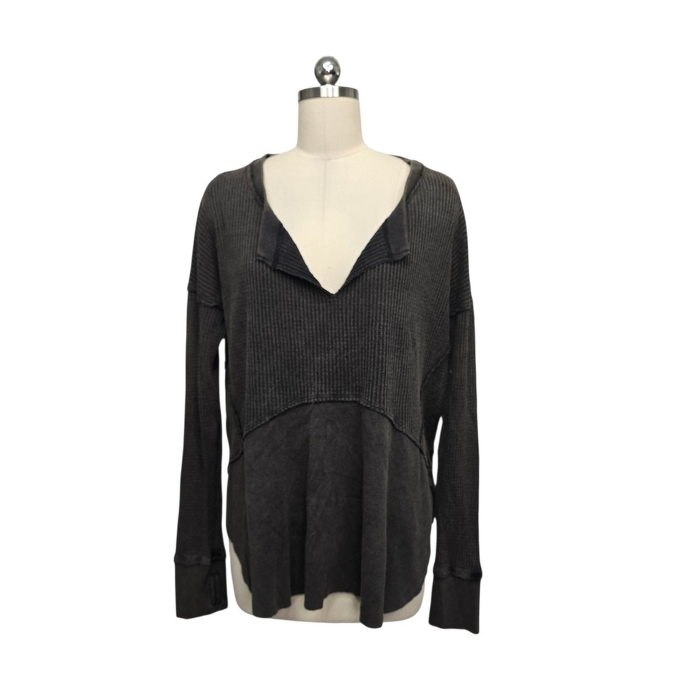 We The Free Free People Charcoal Grey Mixed Media Thermal Waffle Knit Top Small